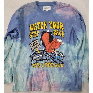 LATE LUNCH Men's Long Sleeve T Shirt Blue Tie Dye Size XL Watch Your Step Back